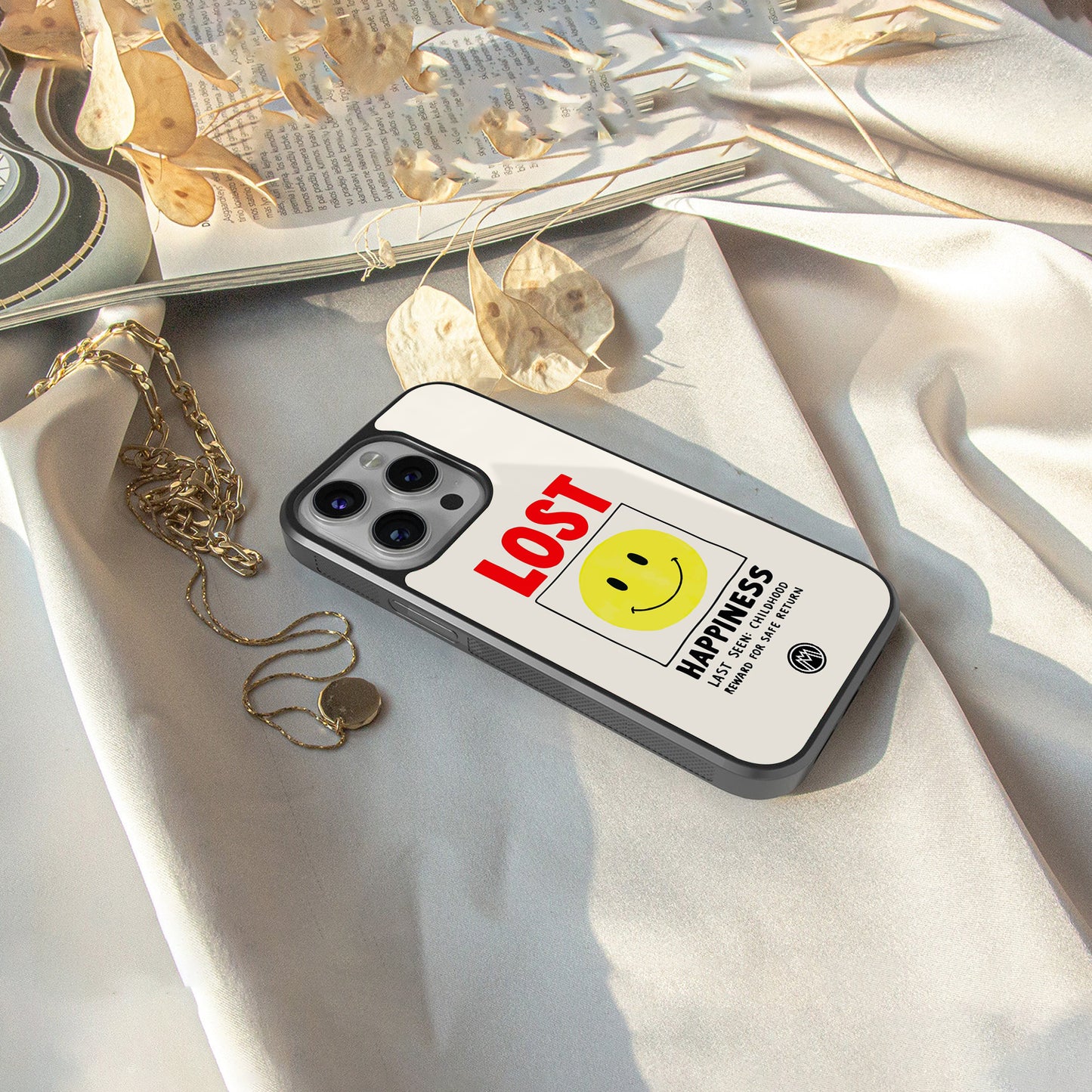 lost happiness back phone cover | glass case for iphone 16 pro max