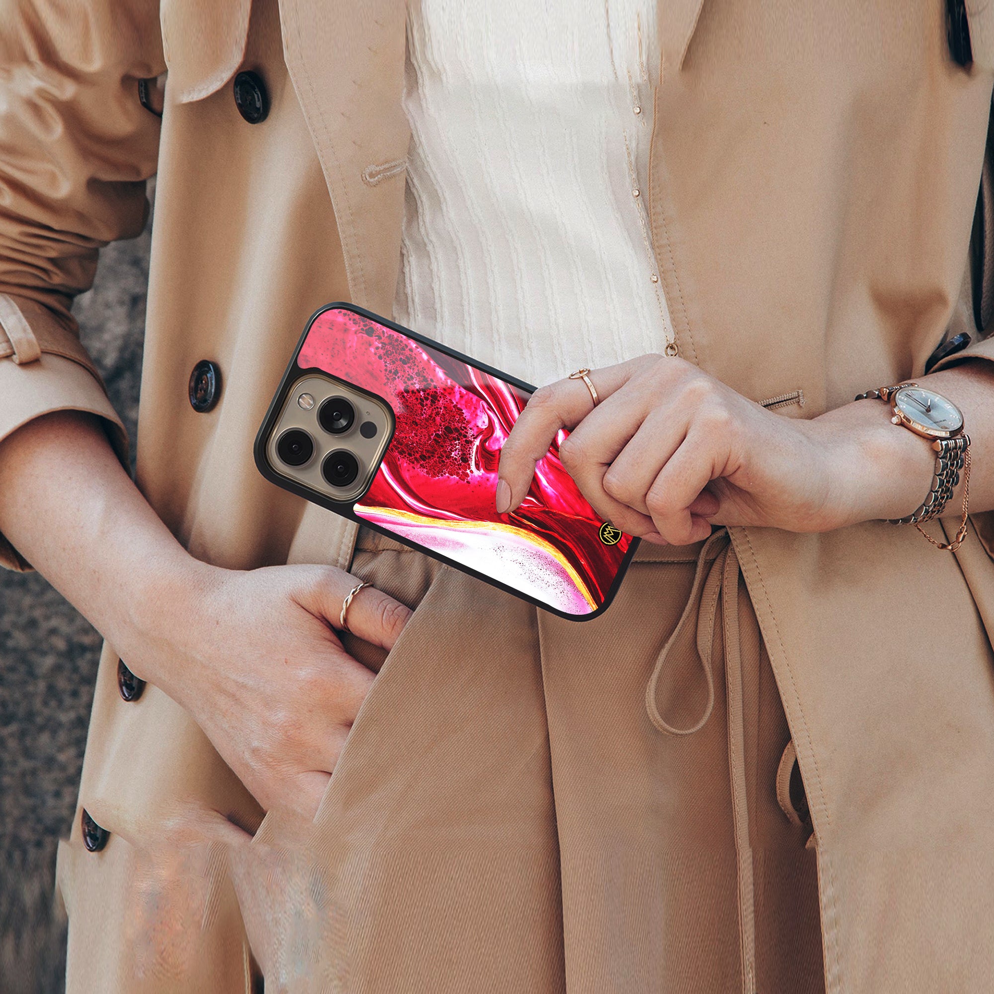 magical pink liquid marble back phone cover | glass case for iphone 15 plus