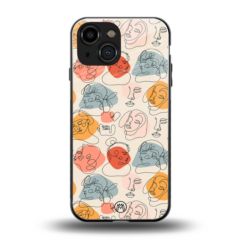 many faces yellow back phone cover | glass case for iphone 13 mini