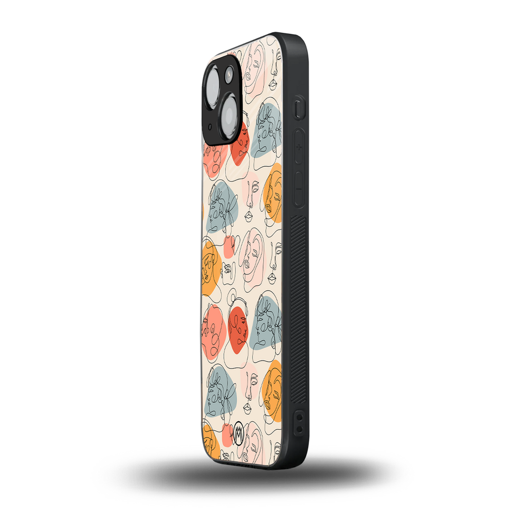 many faces yellow back phone cover | glass case for iphone 13 mini