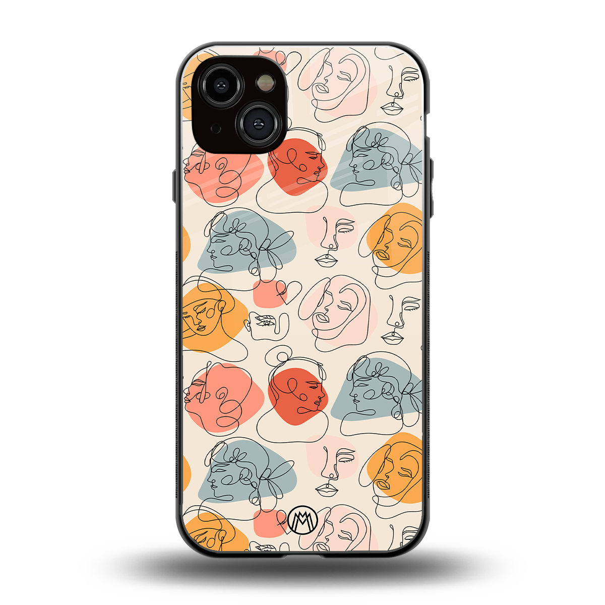 many faces yellow back phone cover | glass case for iphone 15 plus