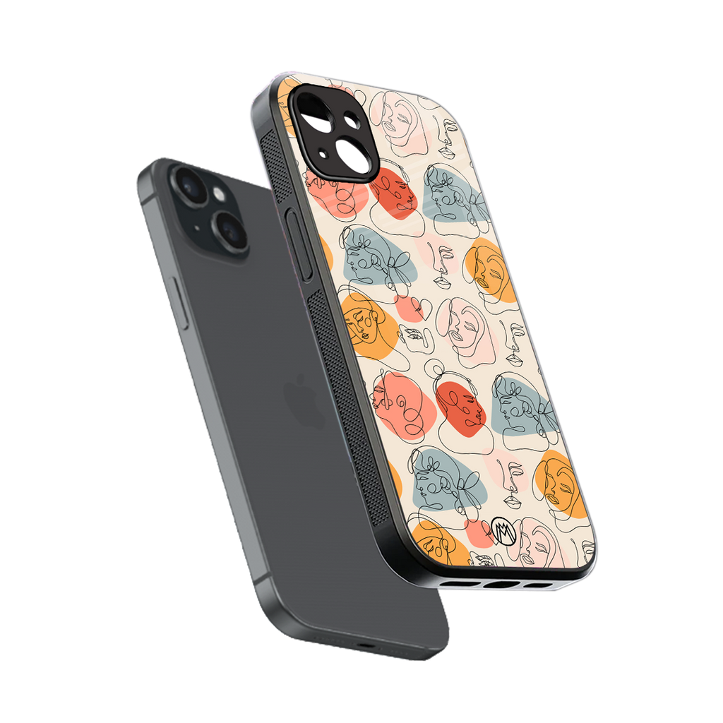 many faces yellow back phone cover | glass case for iphone 14 plus