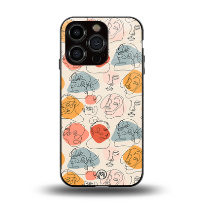 many faces yellow back phone cover | glass case for iphone 15 pro