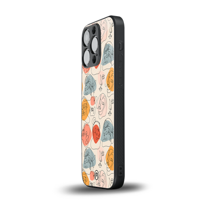 many faces yellow back phone cover | glass case for iphone 15 pro