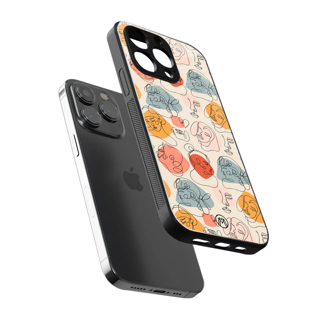 many faces yellow back phone cover | glass case for iphone 15 pro