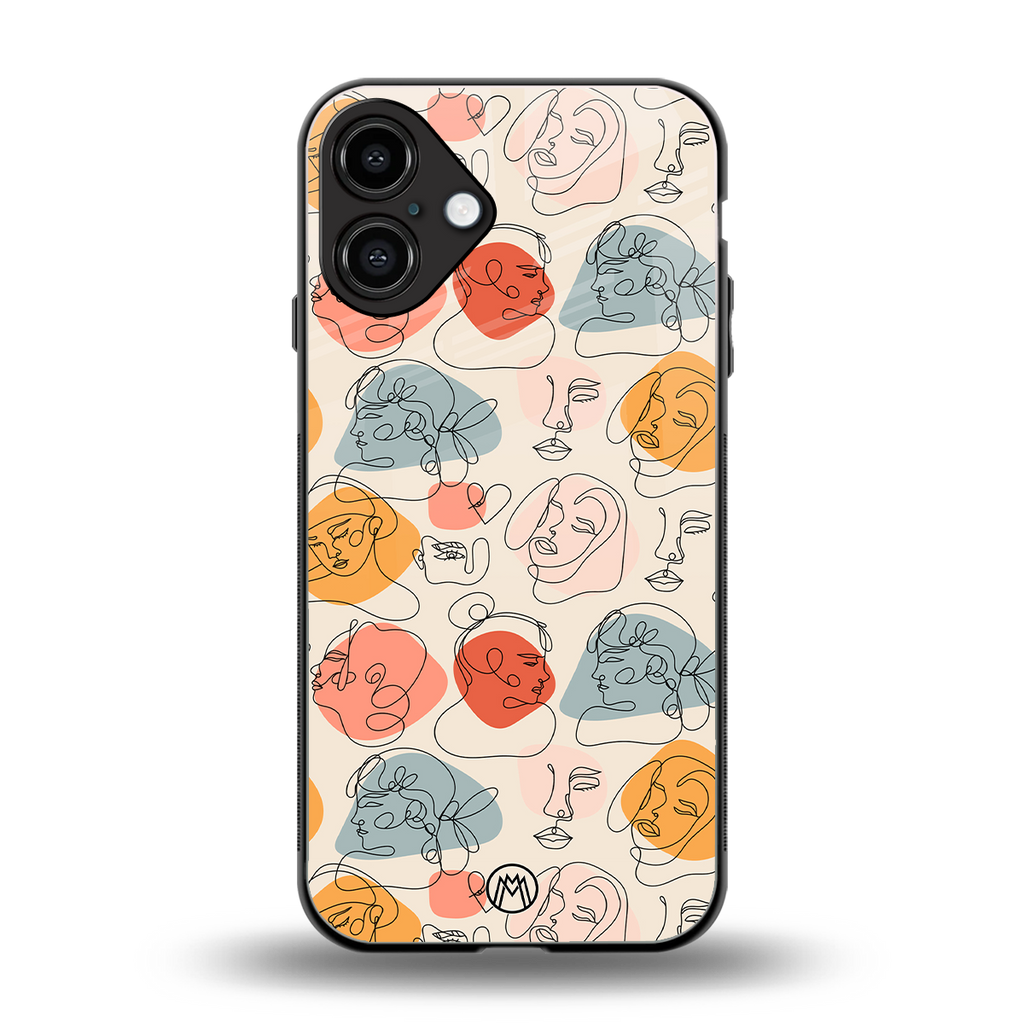 many faces yellow back phone cover | glass case for iphone 16 plus