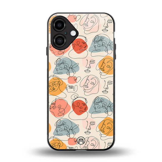 many faces yellow back phone cover | glass case for iphone 16 plus