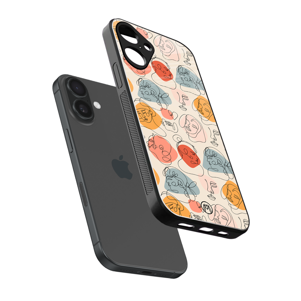 many faces yellow back phone cover | glass case for iphone 16 plus