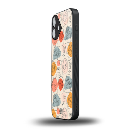 many faces yellow back phone cover | glass case for iphone 16 plus