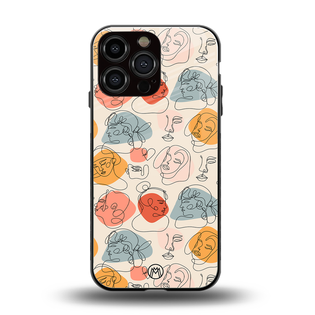 many faces yellow back phone cover | glass case for iphone 16 pro max
