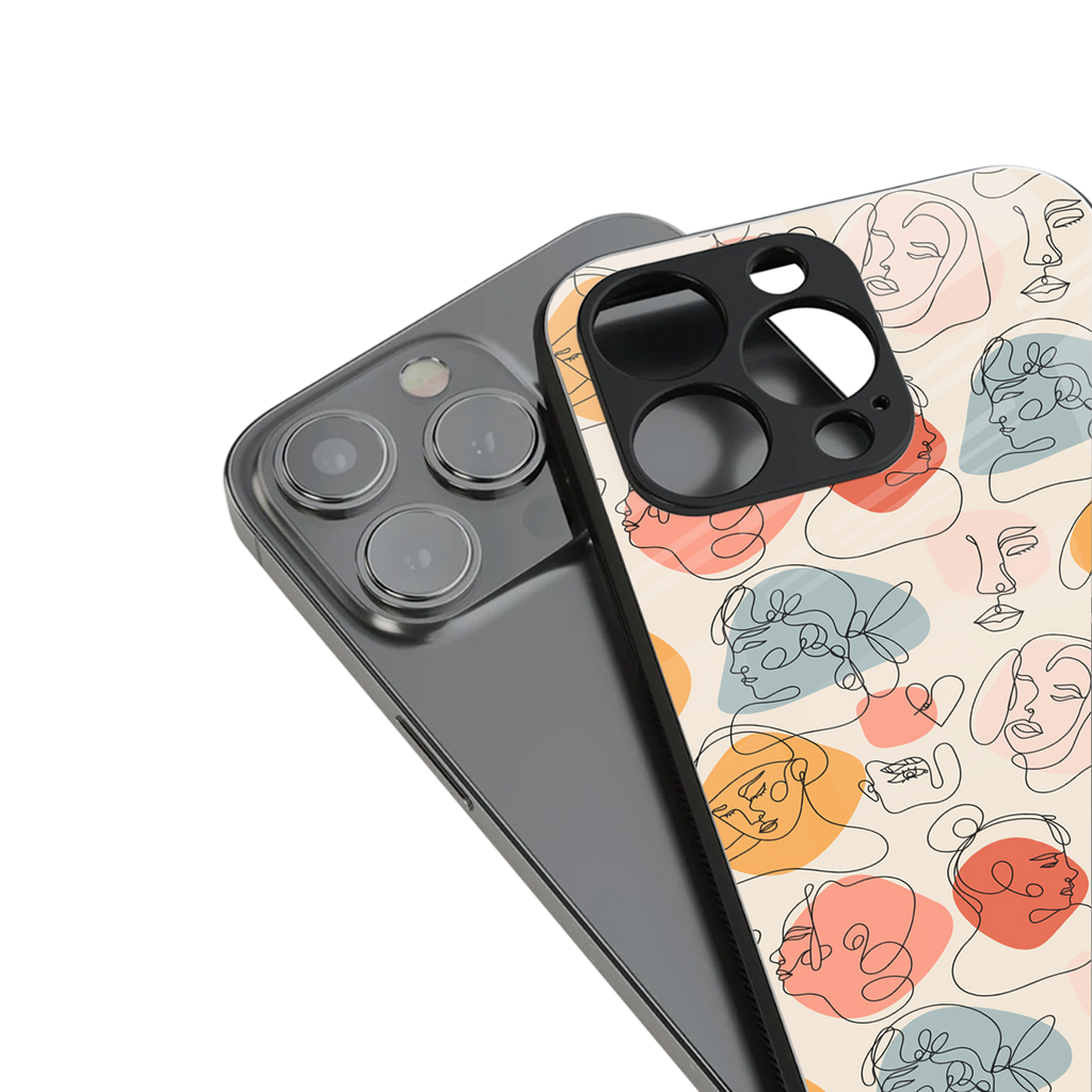 many faces yellow back phone cover | glass case for iphone 15 pro