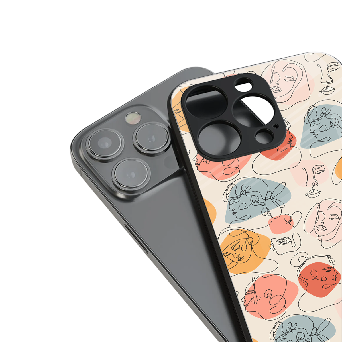 many faces yellow back phone cover | glass case for iphone 15 pro