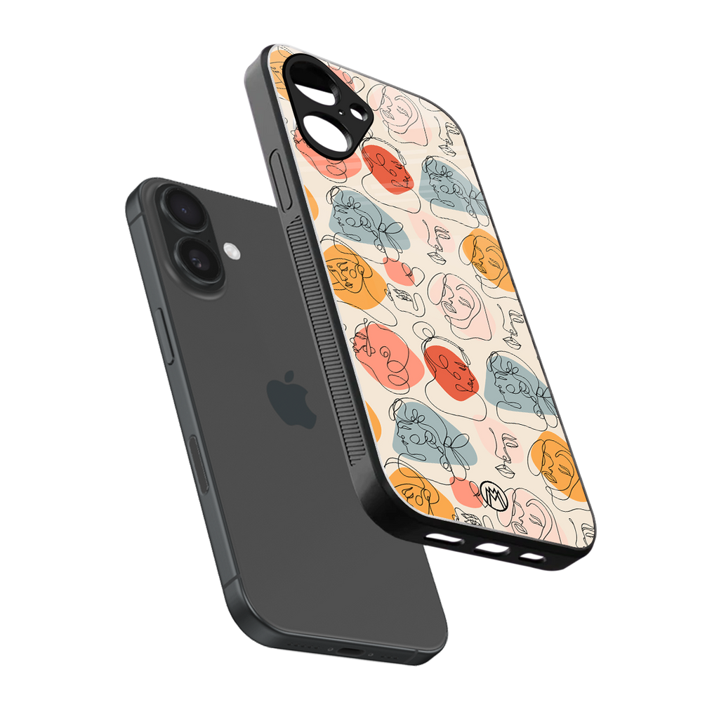 many faces yellow back phone cover | glass case for iphone 16