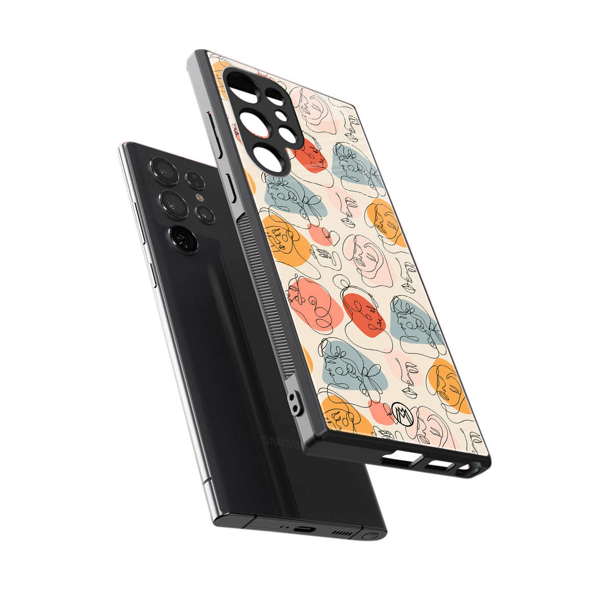 many faces yellow back phone cover | glass case for samsung galaxy s23 ultra