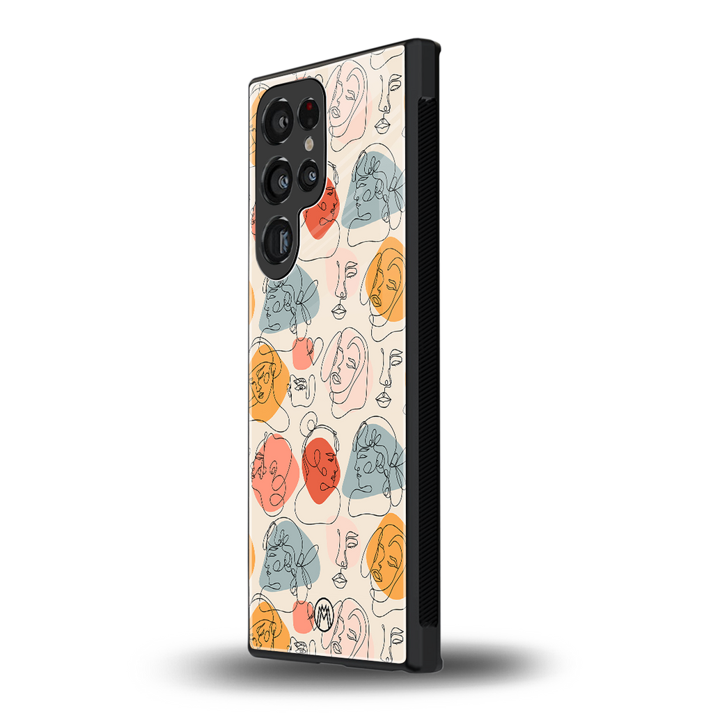 many faces yellow back phone cover | glass case for samsung galaxy s23 ultra