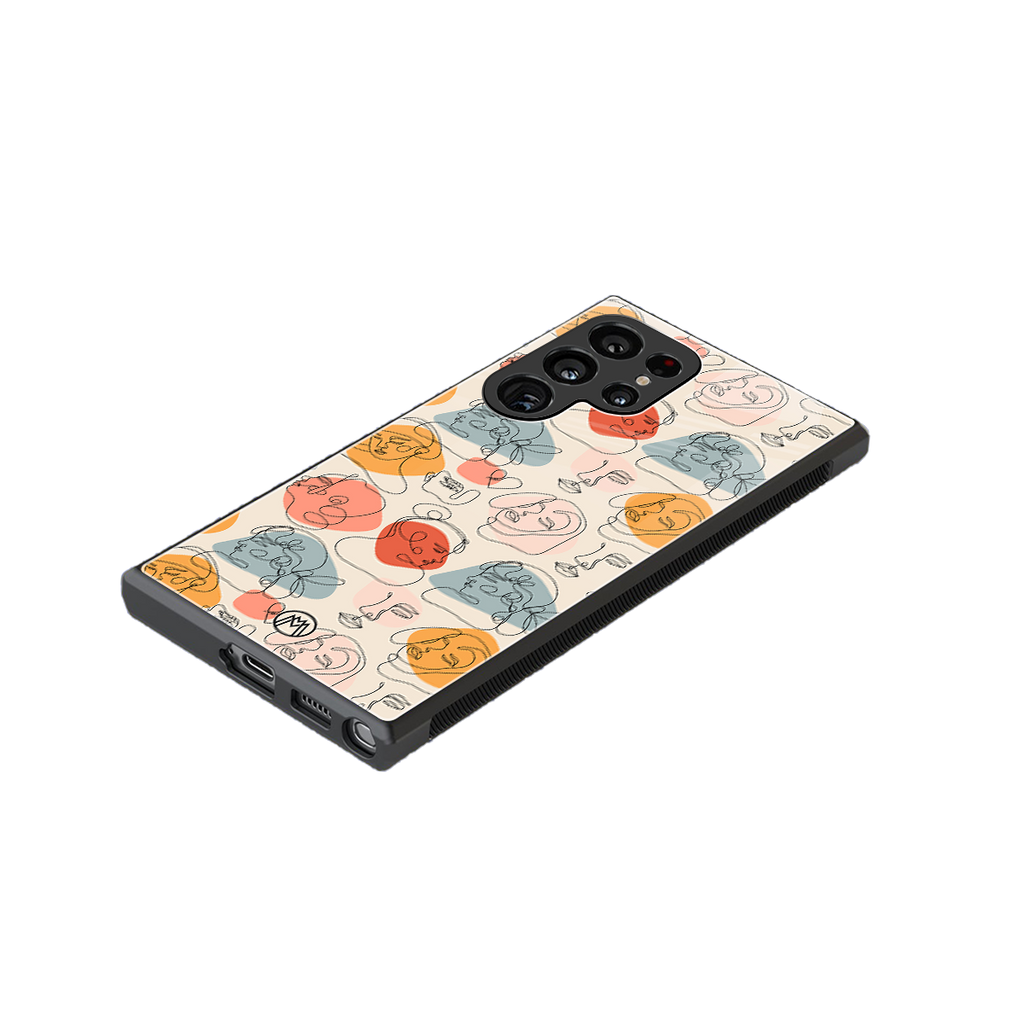many faces yellow back phone cover | glass case for samsung galaxy s23 ultra
