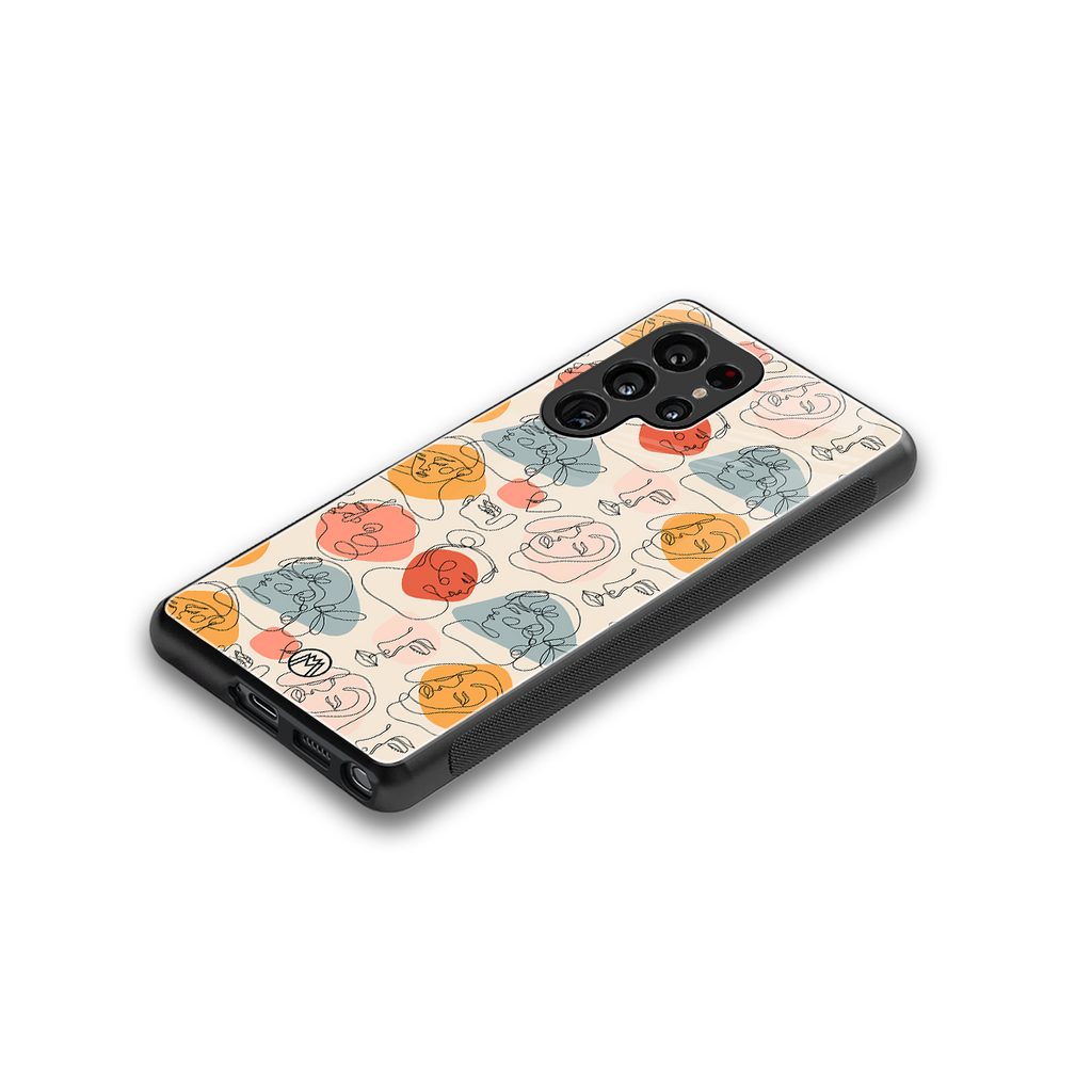 many faces yellow back phone cover | glass case for samsung galaxy s25 ultra