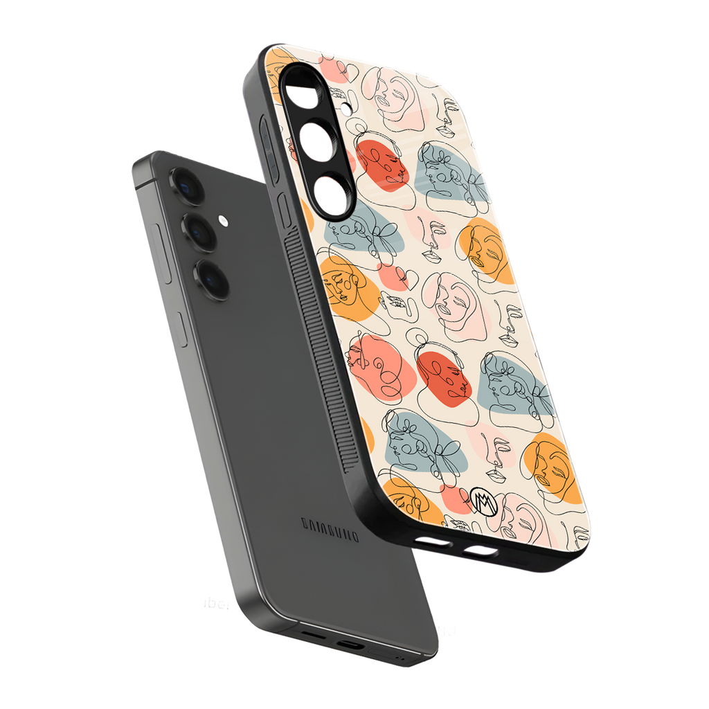 many faces yellow back phone cover | glass case for samsung galaxy s23 plus