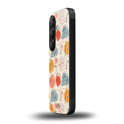 many faces yellow back phone cover | glass case for samsung galaxy s24 plus