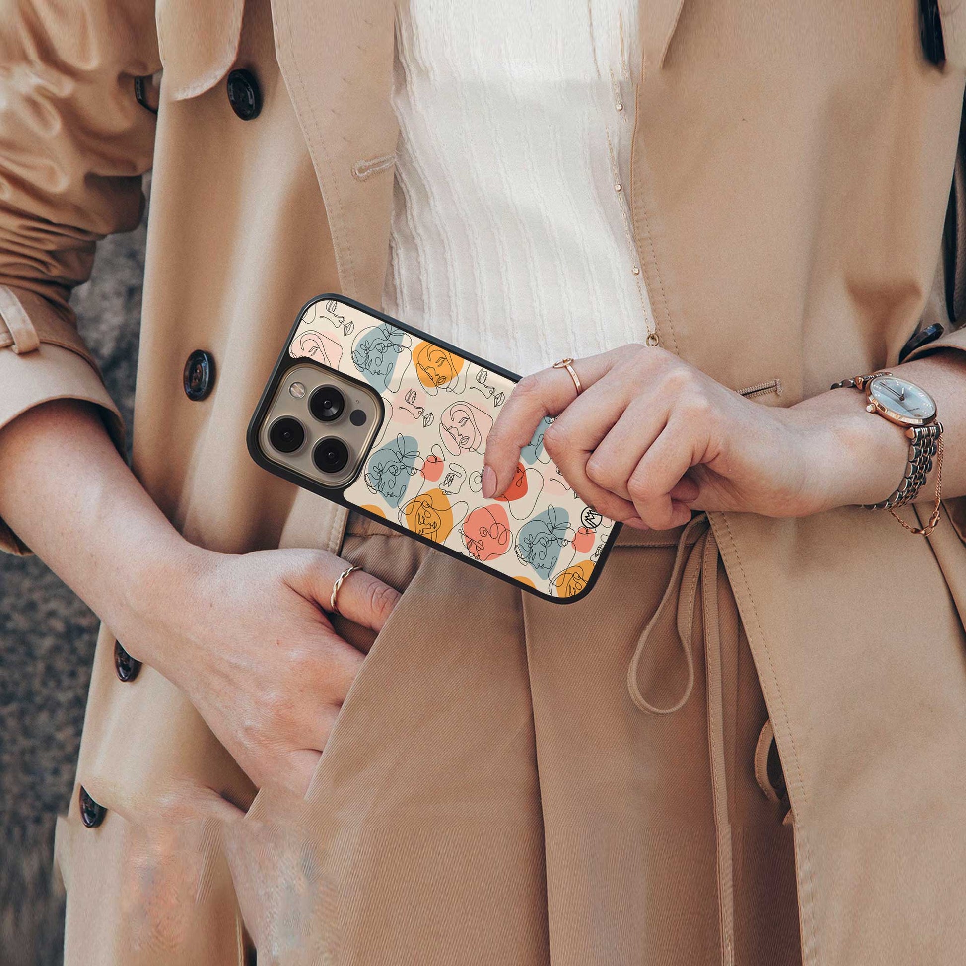 many faces yellow back phone cover | glass case for iphone 13 pro max