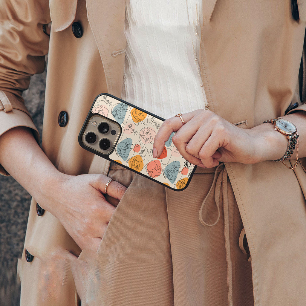 many faces yellow back phone cover | glass case for iphone 15 pro