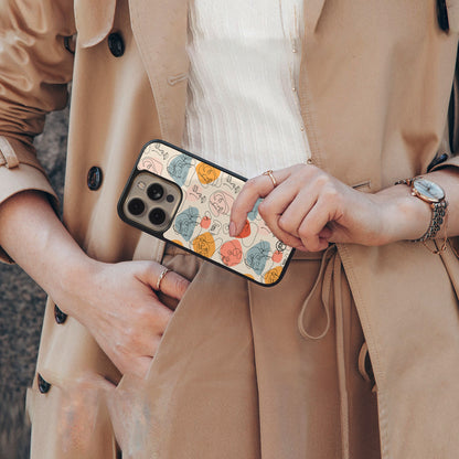 many faces yellow back phone cover | glass case for iphone 16 pro max