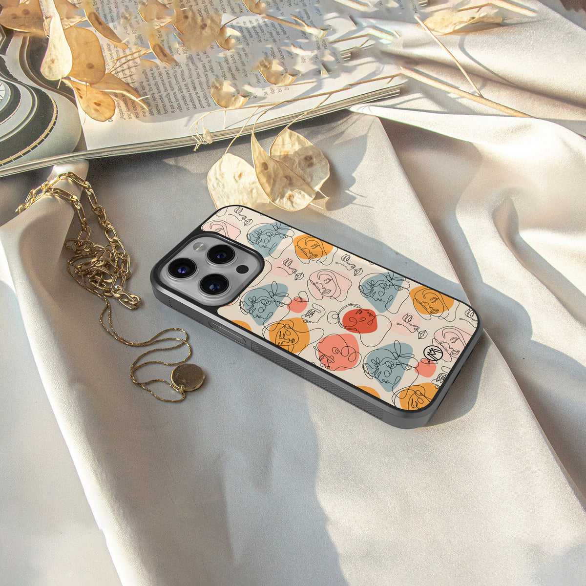 many faces yellow back phone cover | glass case for iphone 15 pro