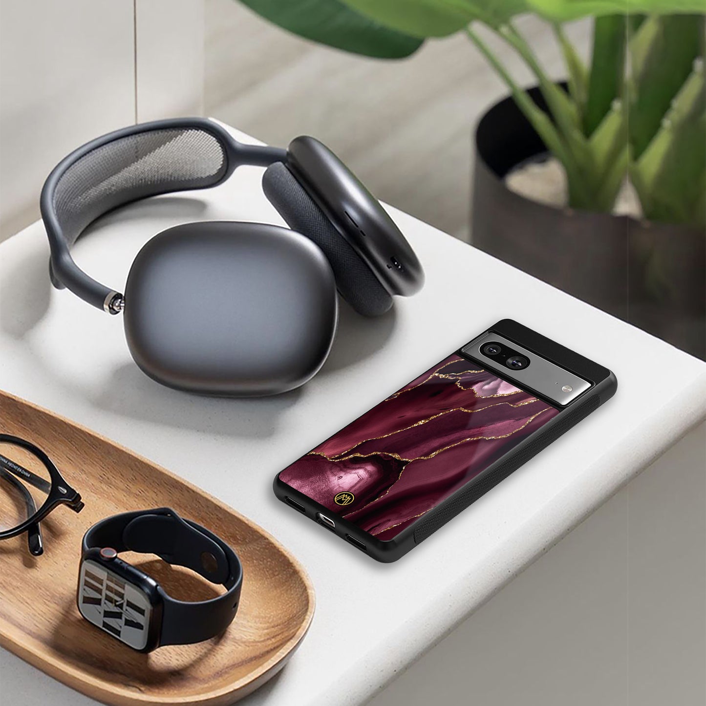 maroon liquid marble back phone cover | glass case for google pixel 9 pro xl