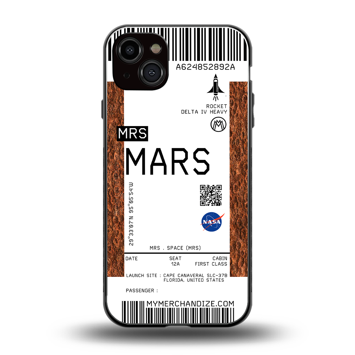 mars boarding pass ticket back phone cover | glass case for iphone 15 plus