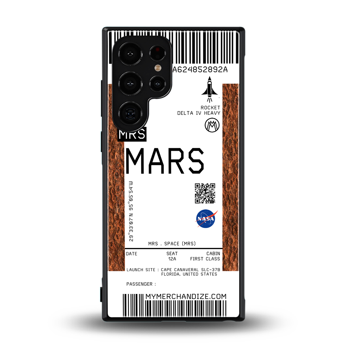 mars boarding pass ticket back phone cover | glass case for samsung galaxy s24 ultra