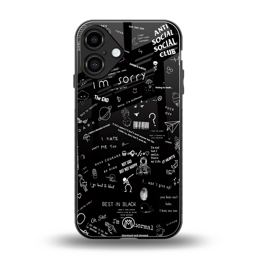 minimalistic black aesthetic collage back phone cover | glass case for iphone 16 plus