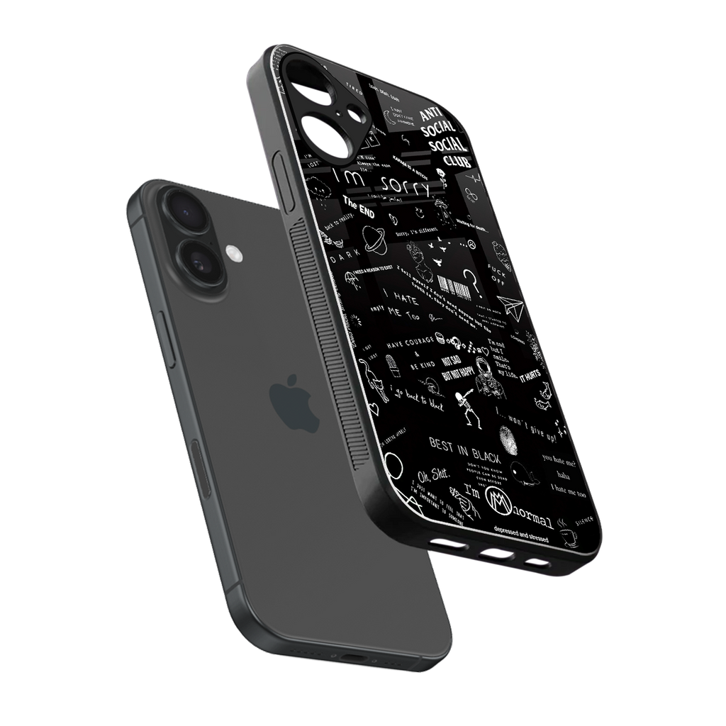 minimalistic black aesthetic collage back phone cover | glass case for iphone 16 plus
