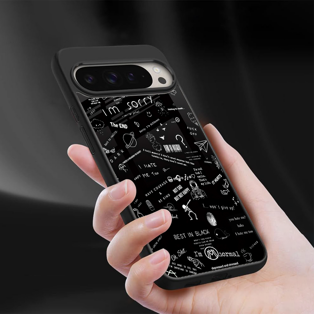 minimalistic black aesthetic collage back phone cover | glass case for google pixel 9 pro