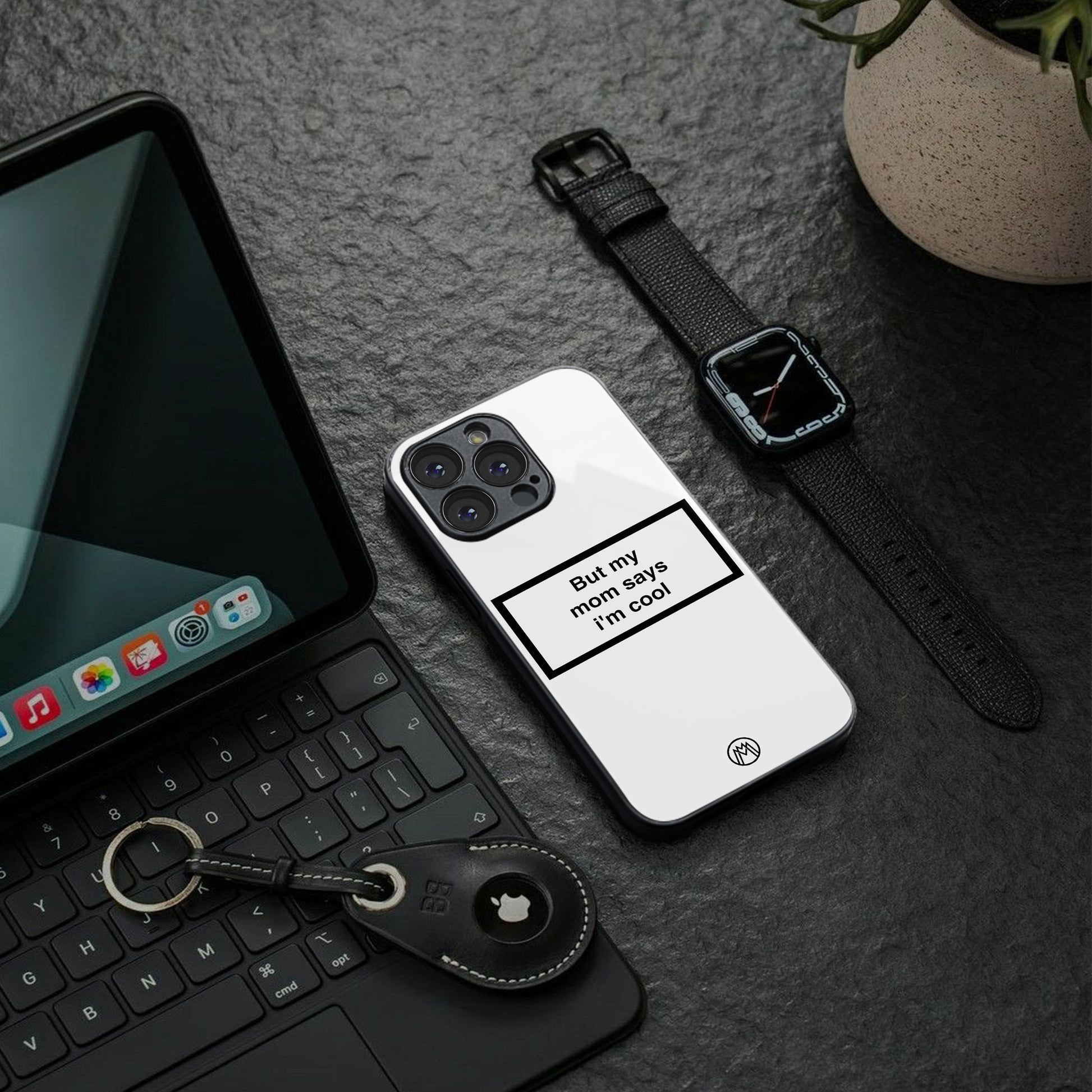 mom says i'm cool white back phone cover | glass case for iphone 15 pro