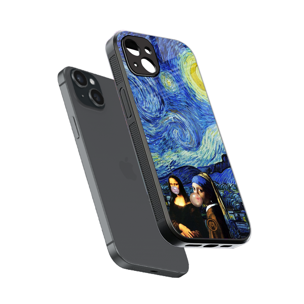 mona lisa starry night back phone cover | glass case for iphone 14 plus