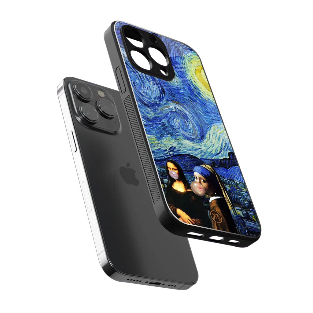 mona lisa starry night back phone cover | glass case for iphone 14 pro