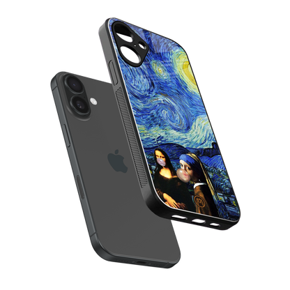 mona lisa starry night back phone cover | glass case for iphone 16 plus