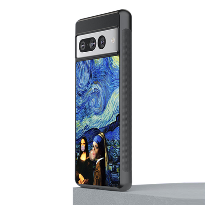 mona lisa starry night back phone cover | glass case for google pixel 7 pro