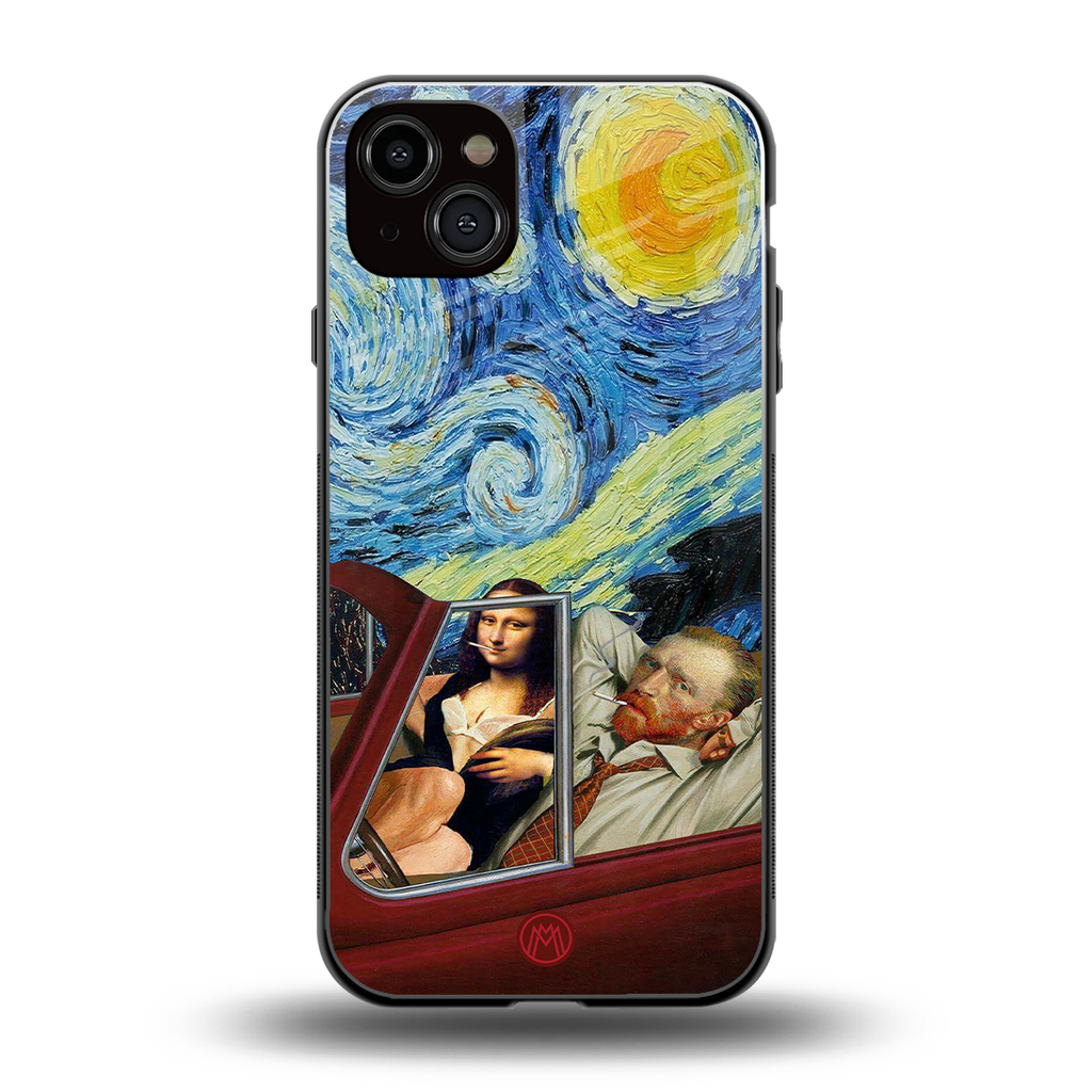 mona lisa x van gogh back phone cover | glass case for iphone 15 plus