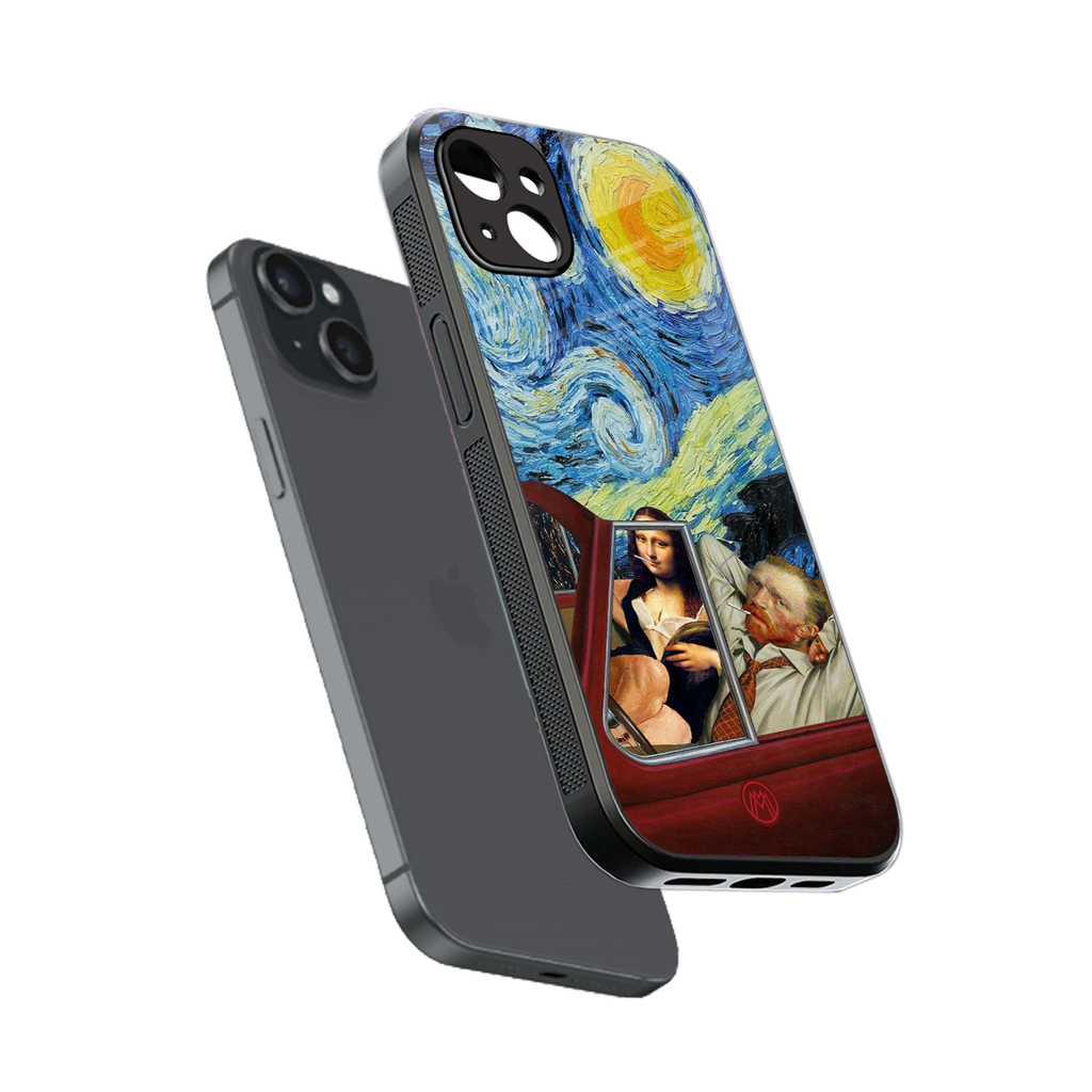 mona lisa x van gogh back phone cover | glass case for iphone 15 plus