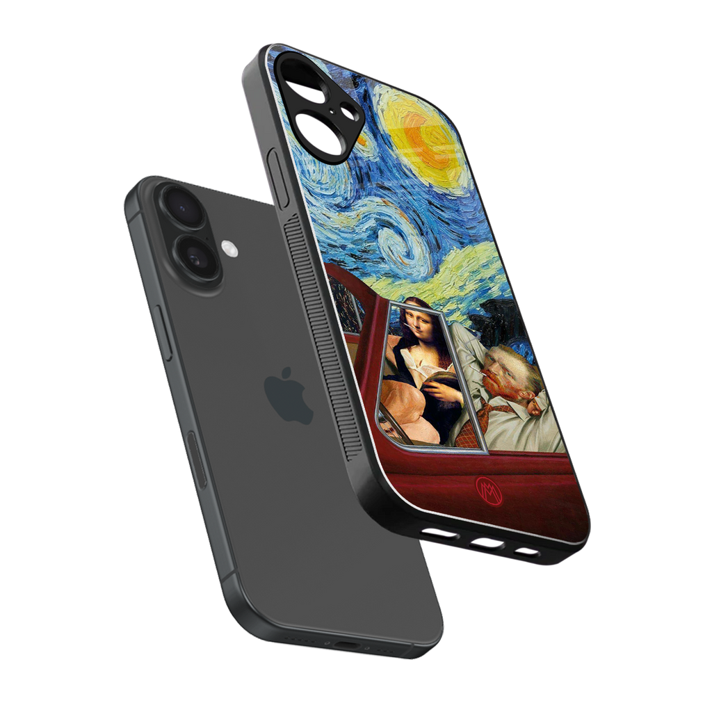 mona lisa x van gogh back phone cover | glass case for iphone 16 plus