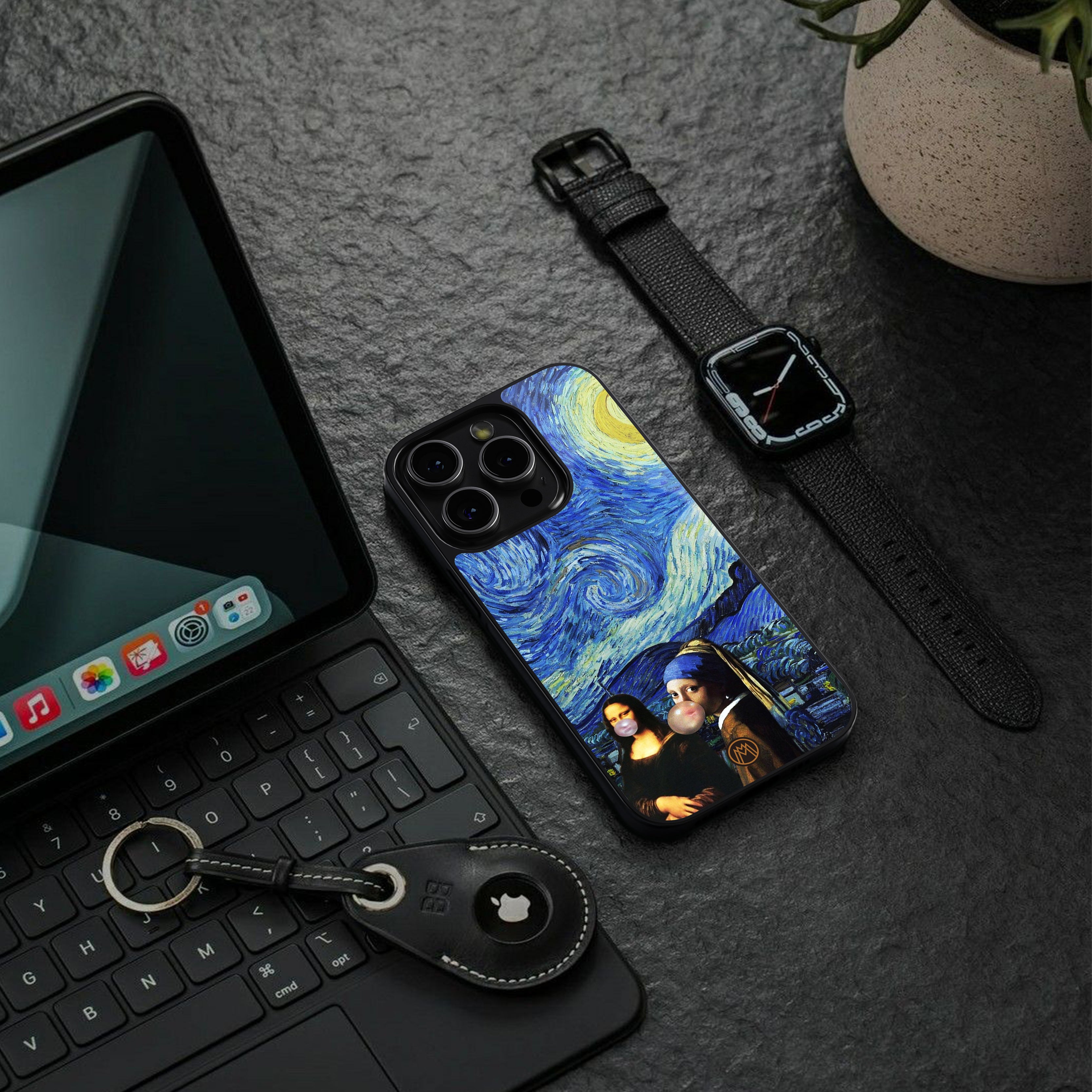 mona lisa starry night back phone cover | glass case for iphone 16 pro max