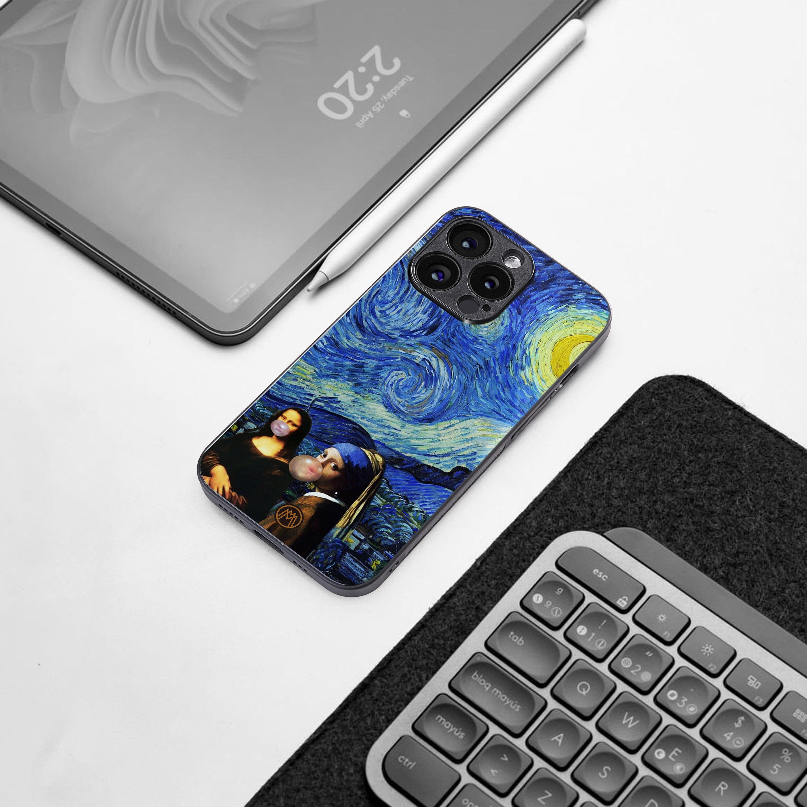 mona lisa starry night back phone cover | glass case for google pixel 8 pro