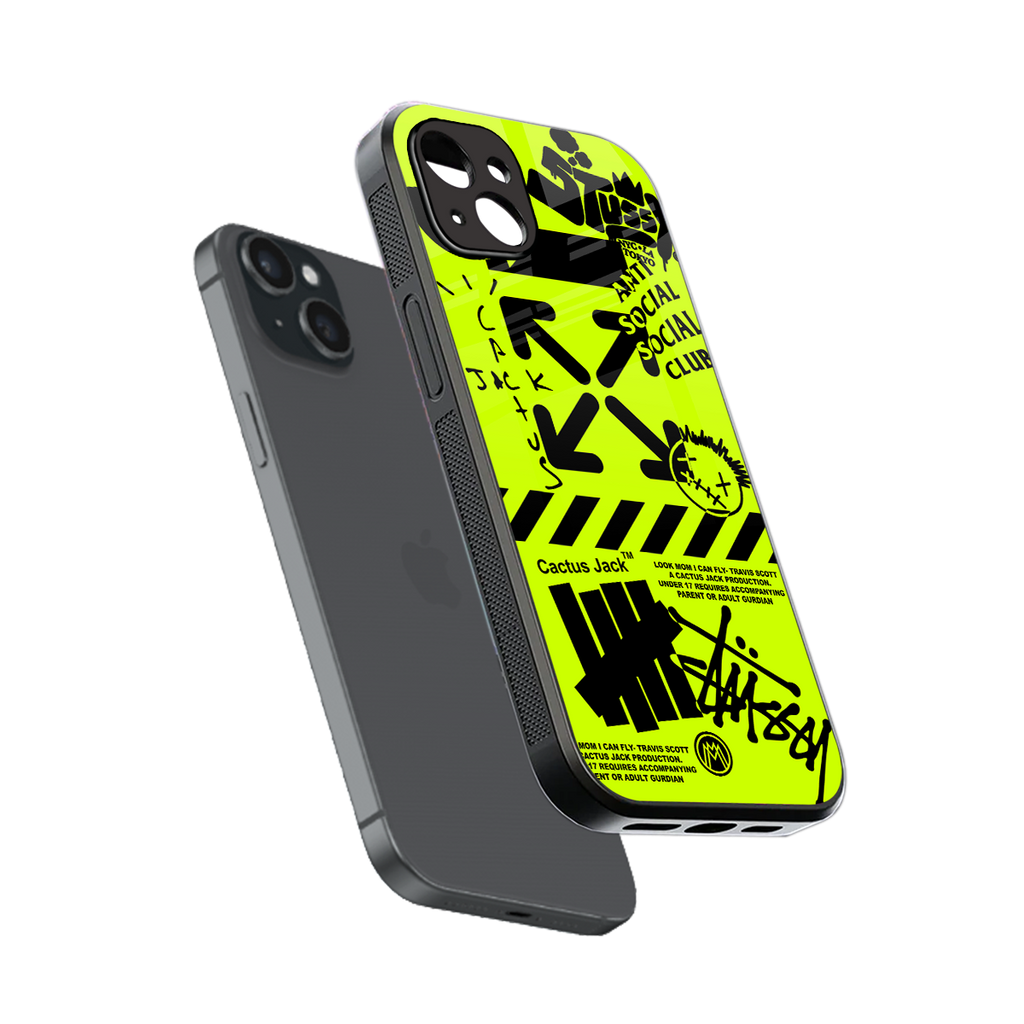 neon travis scott x anti social social club back phone cover | glass case for iphone 15 plus