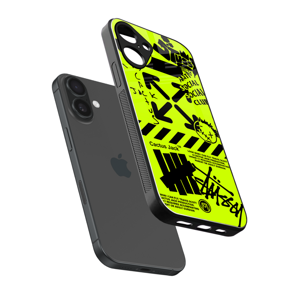 neon travis scott x anti social social club back phone cover | glass case for iphone 16 plus