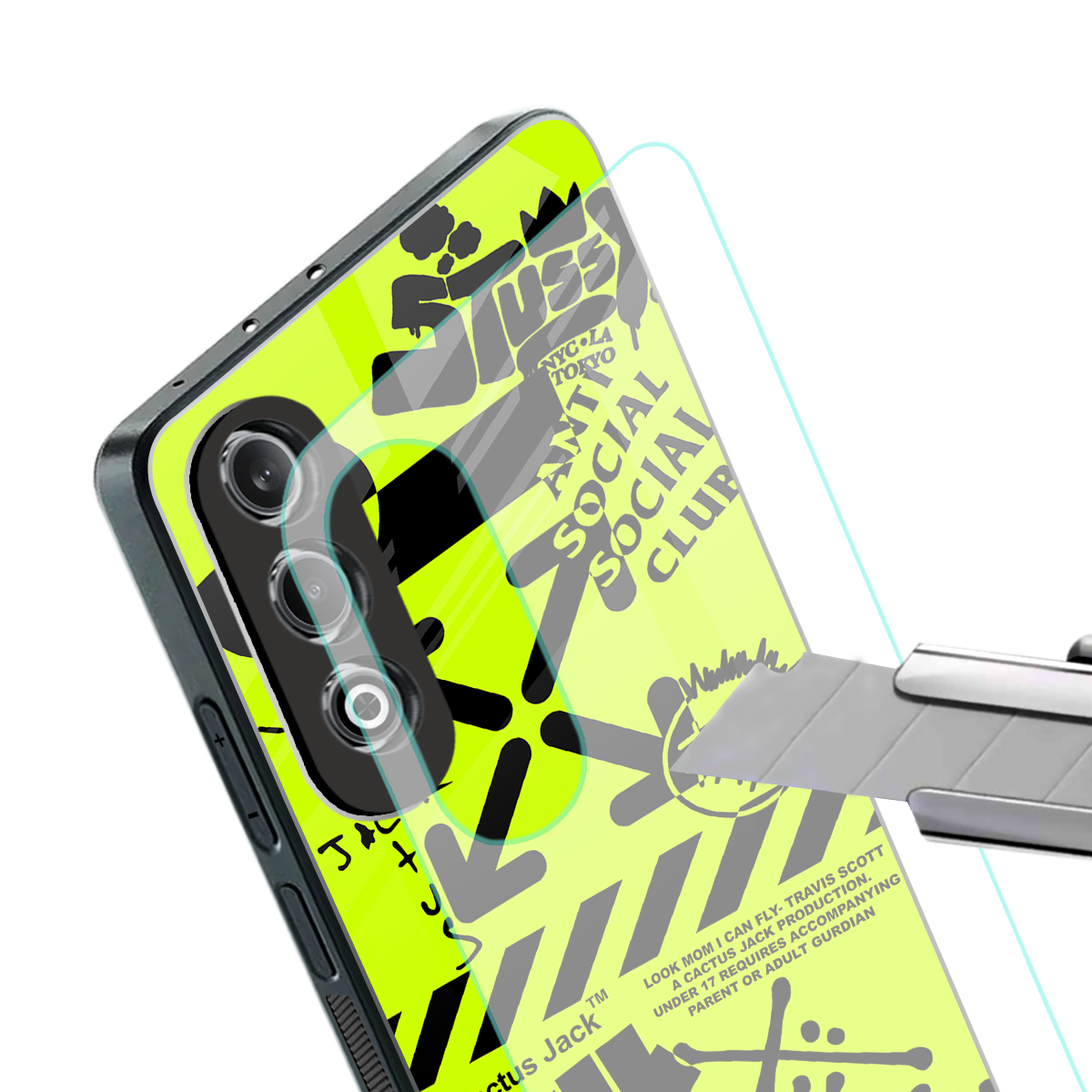 neon travis scott x anti social social club back phone cover | glass case for oneplus nord ce 4