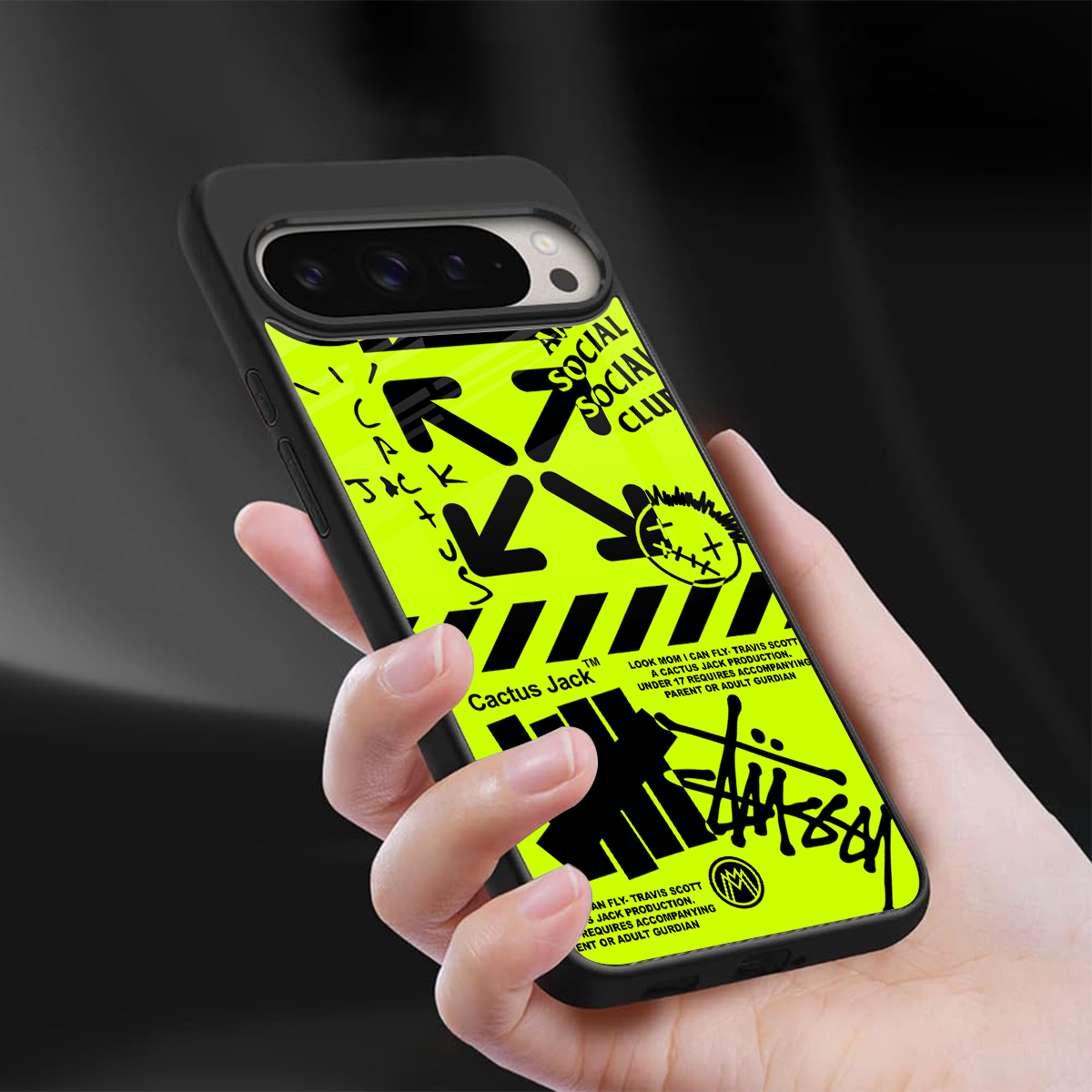neon travis scott x anti social social club back phone cover | glass case for google pixel 9 pro xl