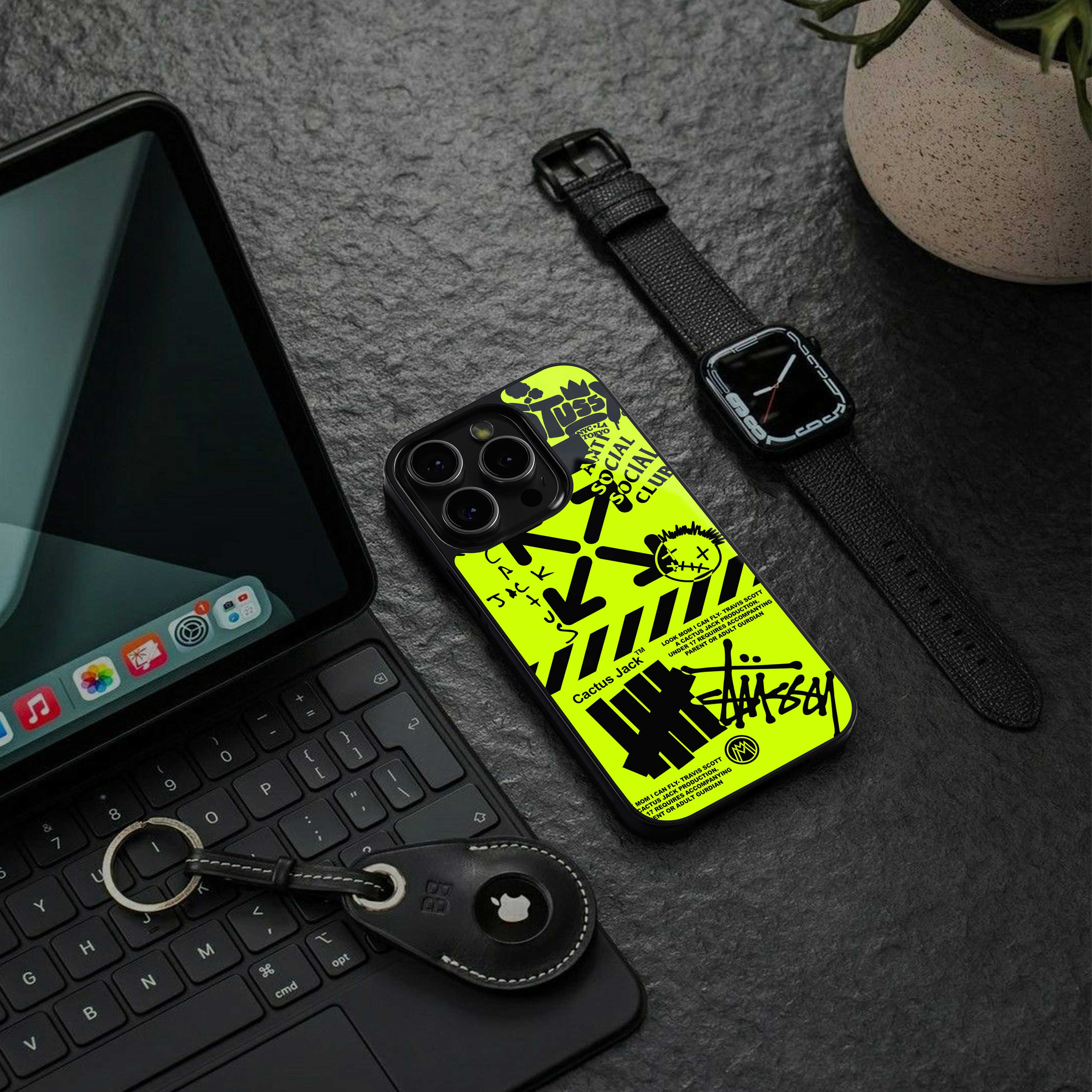 neon travis scott x anti social social club back phone cover | glass case for iphone 14 pro max