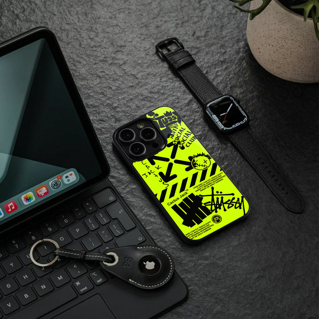neon travis scott x anti social social club back phone cover | glass case for iphone 15 pro max
