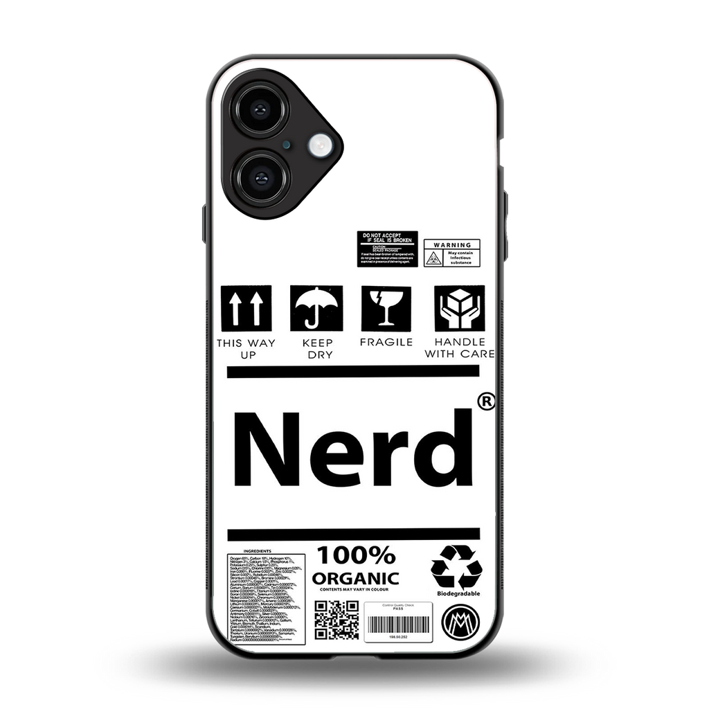 nerd white label back phone cover | glass case for iphone 16 plus